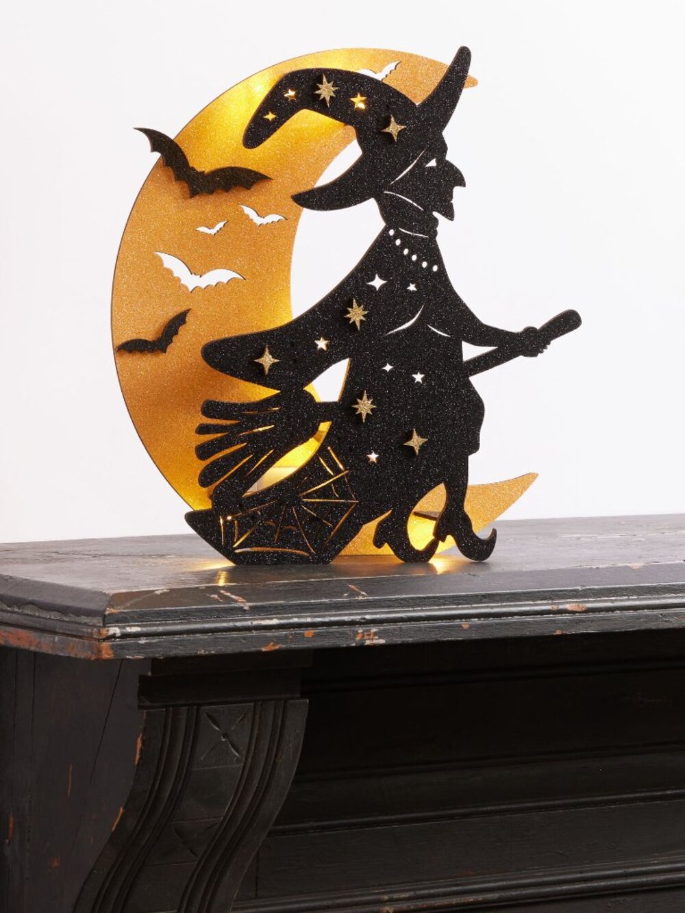 WORLD MARKET LARGE LASER CUT WOOD HALLOWEEN WITCH / MOON LED w/ GLITTER New